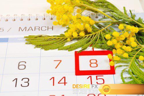 8 March card - mimosa flowers over the calendar  8X JPEG