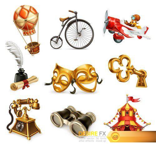 Old objects Vintage icon set, 3d vector 9X EPS