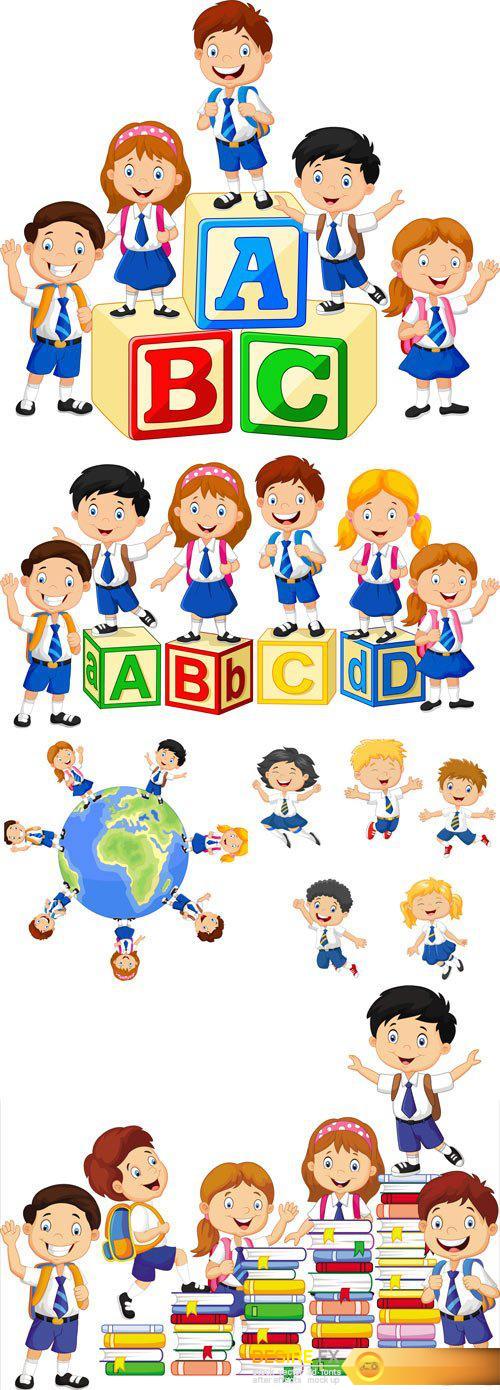 Vector school children and books, cubes with letters