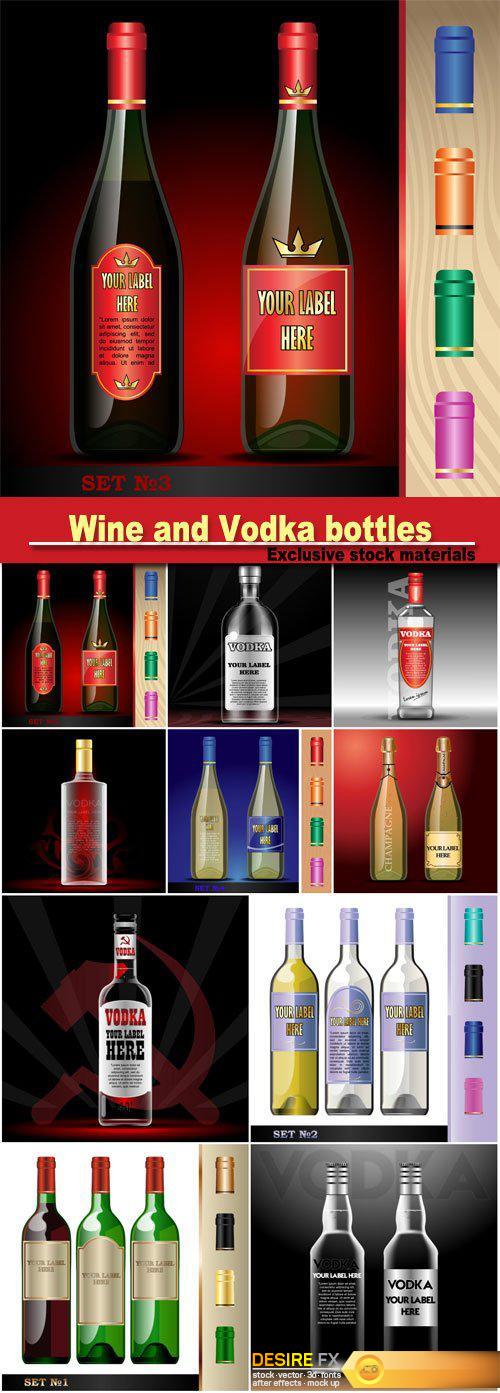 Vector wine bottles and vodka bottles mockup with your label here