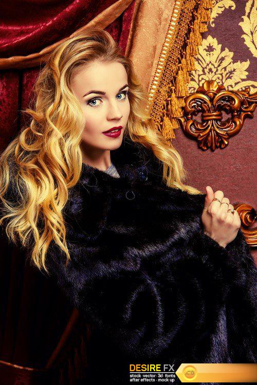 Fashion beautiful blonde woman wearing mink fur coat 6X JPEG