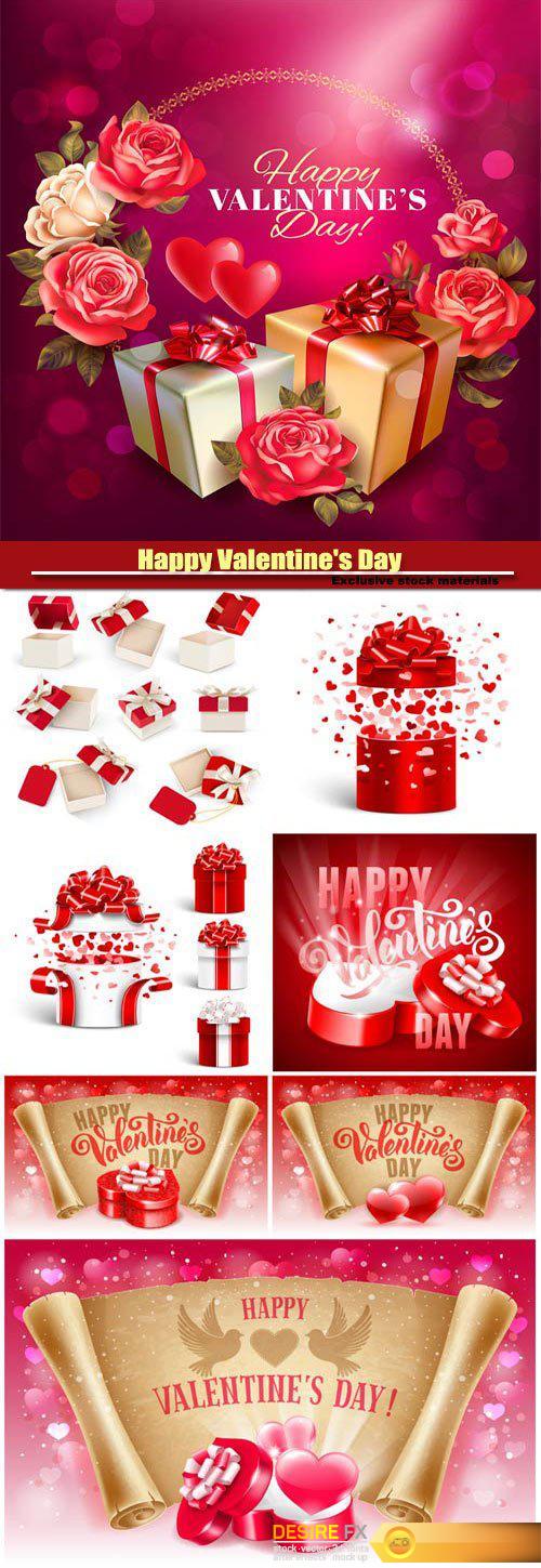 Happy Valentine's Day vector, gift boxes with roses and hearts