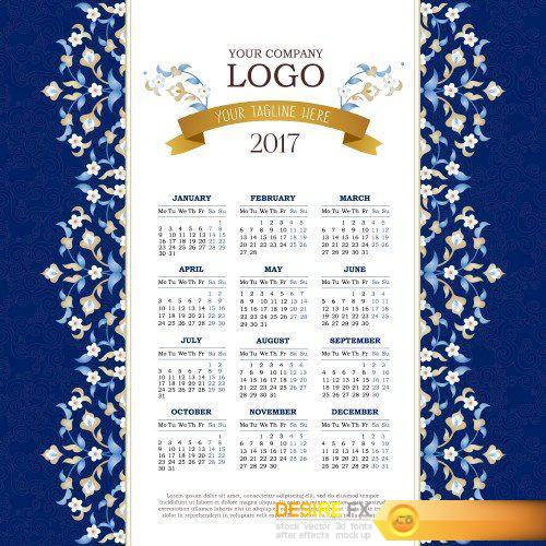 Vector calendar for 2017, floral decor