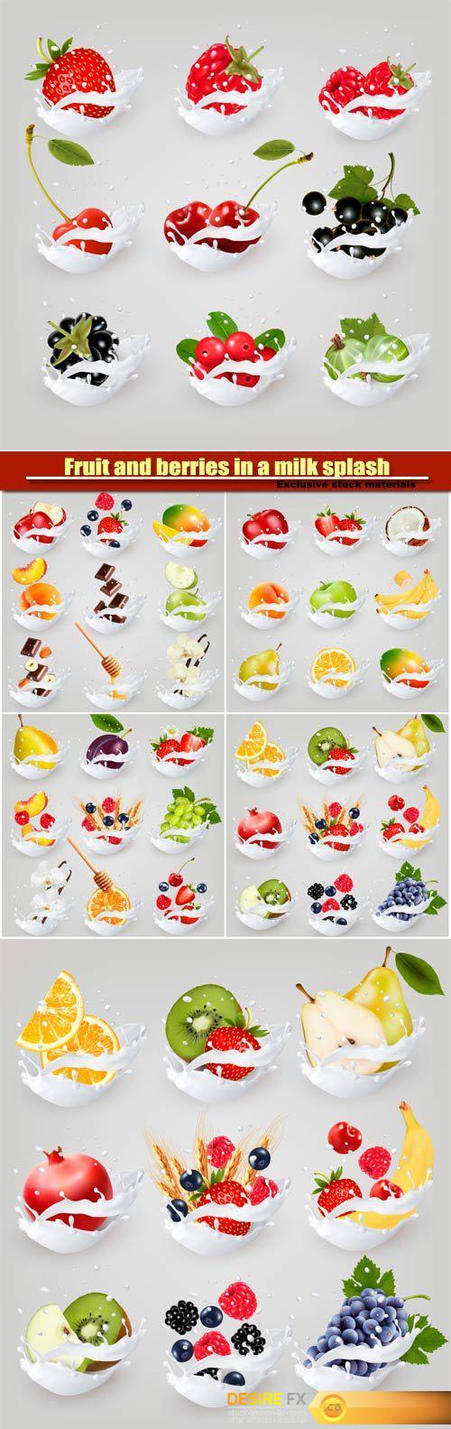Big vector collection icons of fruit and berries in a milk splash