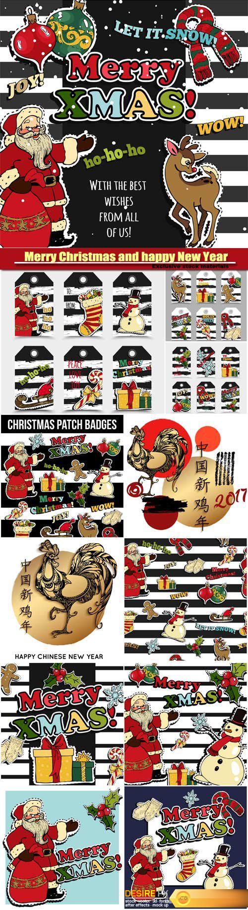 Merry Christmas and happy New Year greeting card design with retro patch badges, stickers