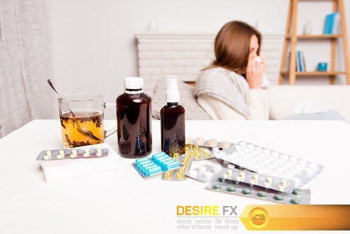 Sick woman, cup of tea, pills and mixture  10X JPEG