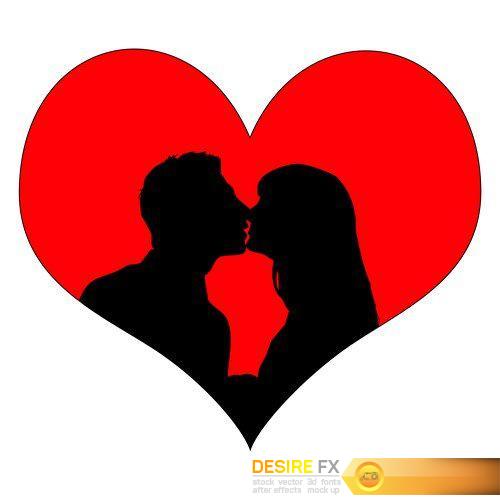 Silhouettes of lovers on a background of red hearts 18X EPS