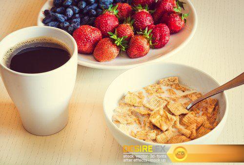 Healthy breakfast  flakes with red strawberry and cup of coffee 6X JPEG