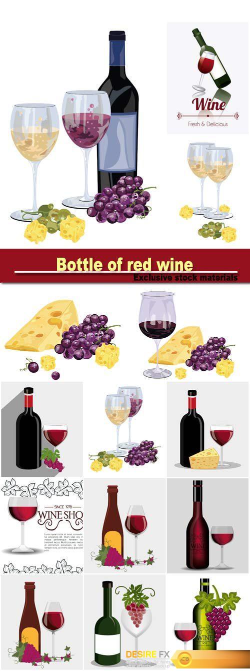 Bottle of red wine with grapes and cheese