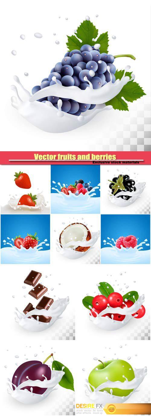 Vector fruits and berries in a milk splash on a transparent background