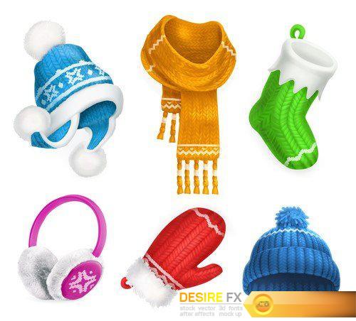 Winter clothes, vegetables, 3d vector icon set 15X EPS