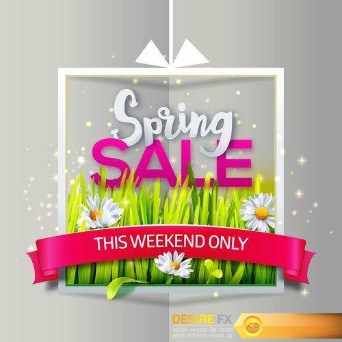 Spring sale card with green grass and flowers  7X EPS