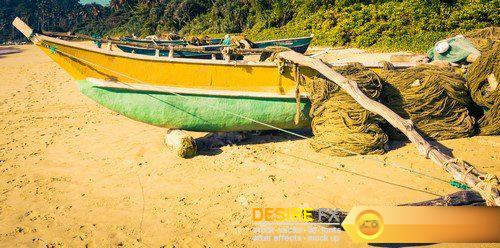 Fishing boats on a tropical beach with palm trees in the background 6X JPEG