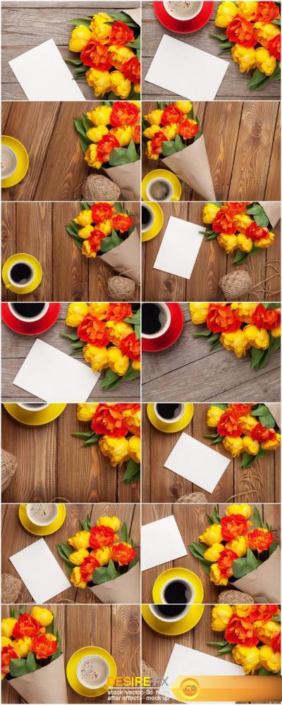 Colorful tulips, greeting card and coffee - Set of 14xUHQ JPEG Professional Stock Images