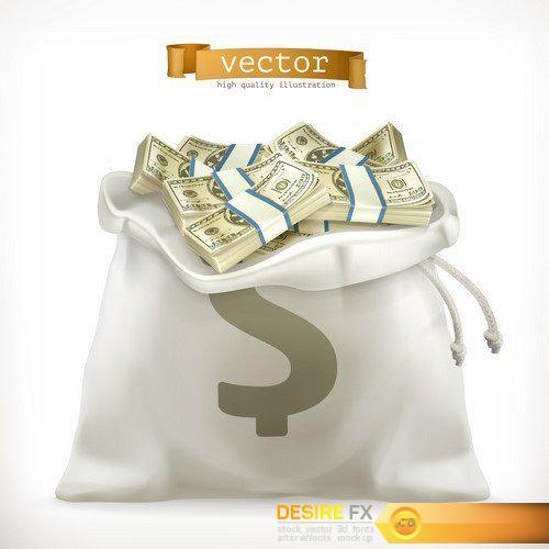 Paper money and gold coin, 3d vector icon set 6X EPS