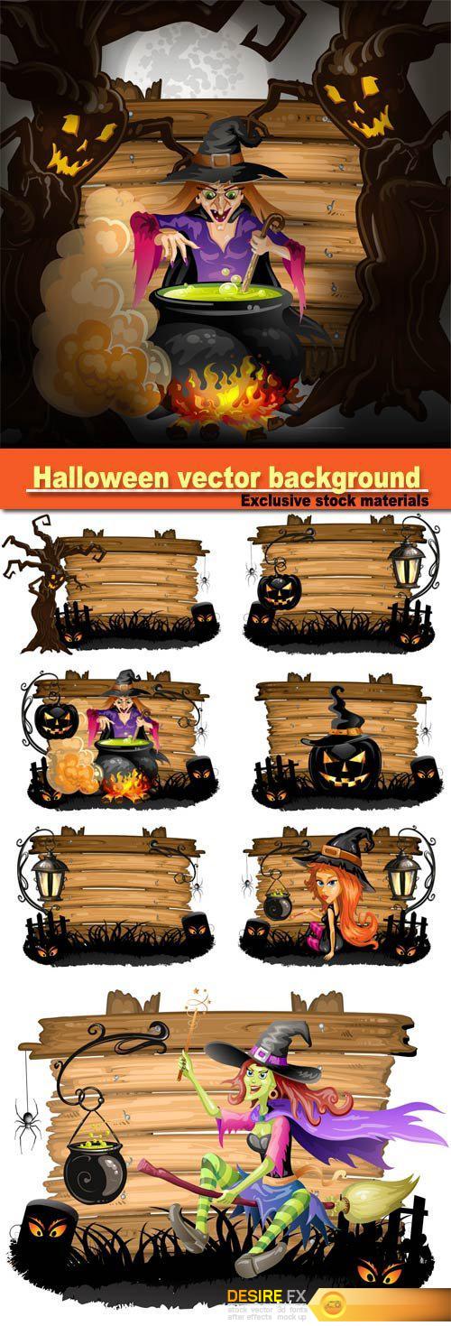 Halloween vector background, witch preparing a potion, Halloween pumpkin with cemetery over wood texture