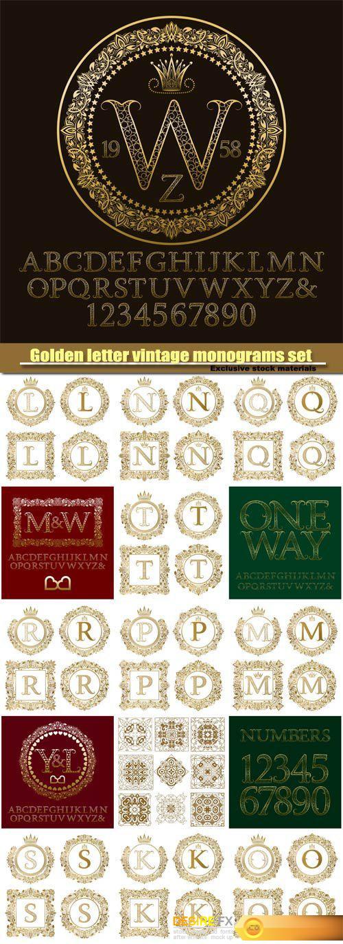 Golden letter vintage monograms set, monogram in floral frame, english vintage alphabet