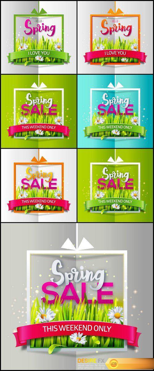 Spring sale card with green grass and flowers  7X EPS