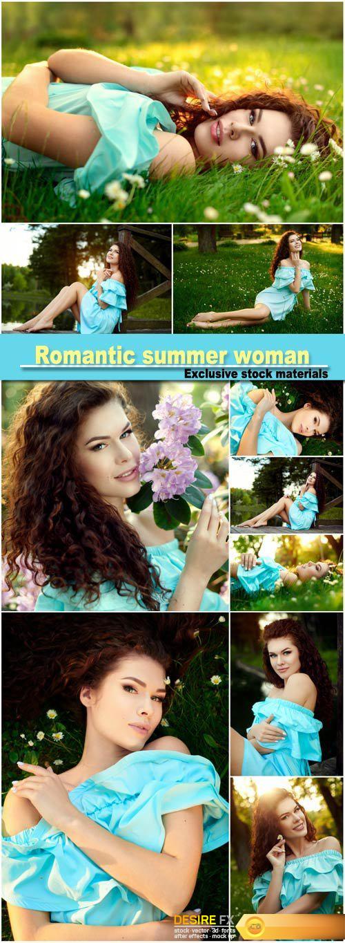 Romantic summer woman relaxing on sunshine flower meadow