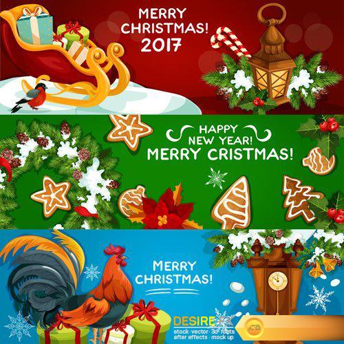 Merry Christmas and Happy New Year vector background, holly garlands, cock rooster