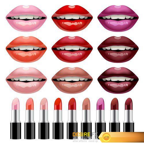 Set of lipsticks and women\'s glossy lips in different colors 17X EPS