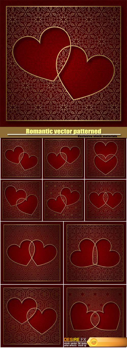 Romantic vector patterned background with frame of two hearts