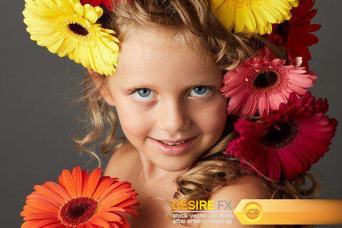 Portrait of a little girl with gerbera flowers 9X JPEG