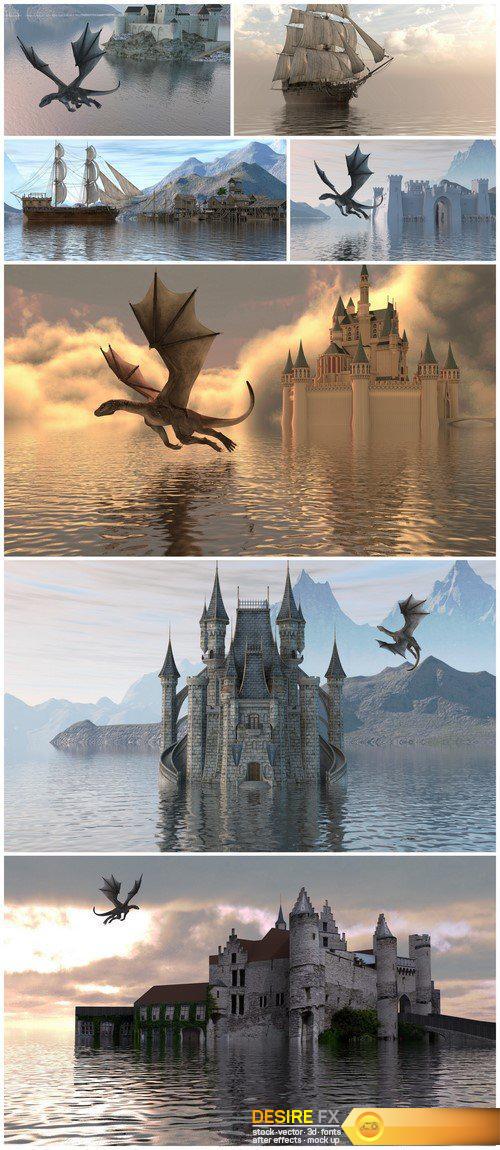3D illustration Castle on the water and a dragon 7X JPEG