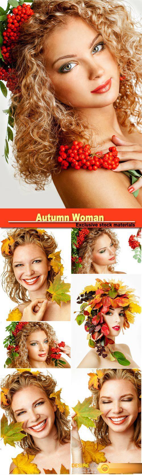 Autumn woman fashion portrait, beautiful model girl with  rowan berries