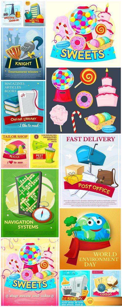 Set of different vector illustrations poster 14X EPS