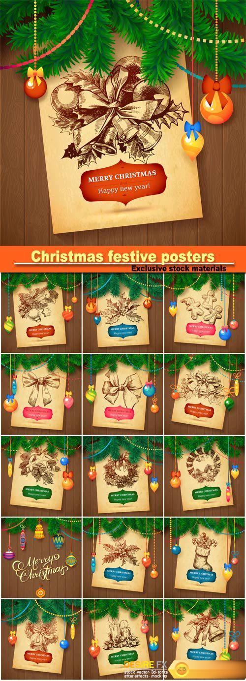 Christmas festive posters on the wooden background
