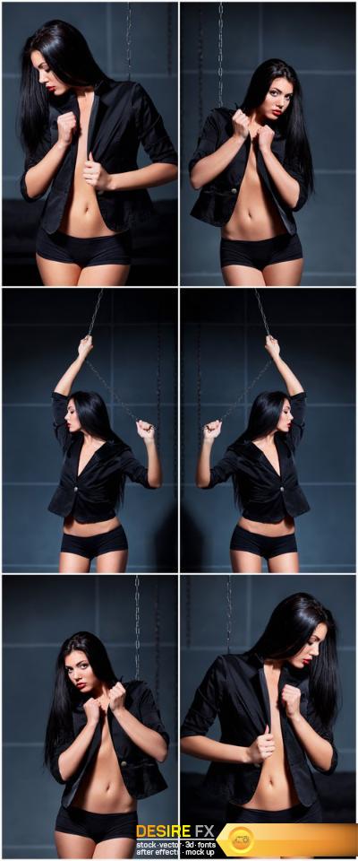 Beautiful sexy young woman posing wearing black jacket on naked body - Set of 6xUHQ JPEG Professional Stock Images