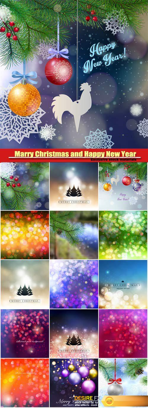 Marry Christmas and Happy New Year vector, tree branches, beautiful balls, paper snowflakes, festive winter background