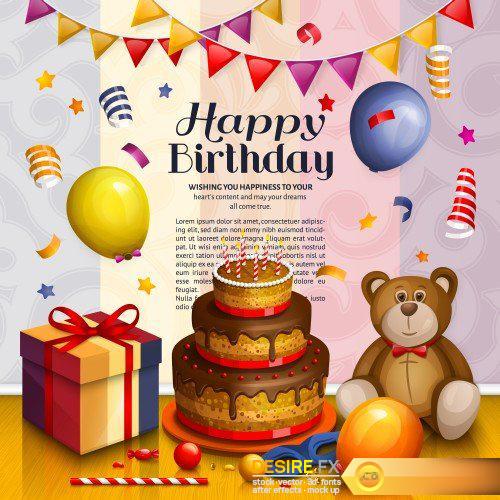 Happy birthday greeting card, pile of colorful wrapped gift boxes, lots of presents and toys