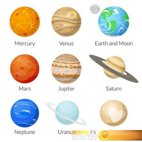 Icons of the planet of the solar system, vector illustration 9X EPS
