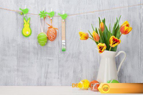 Colorful easter eggs, tulips and card 36X JPEG