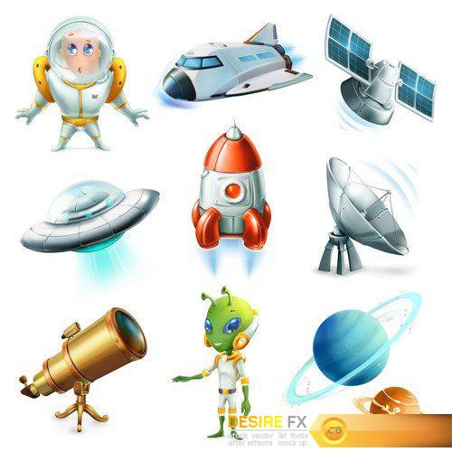 Space, spaceship, planet 3d vector icon set 4X EPS