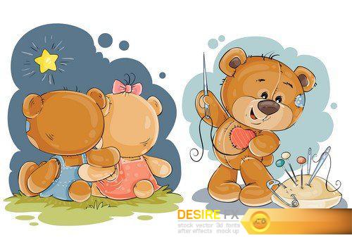 Set of vector art illustrations of enamored teddy bears 8X EPS