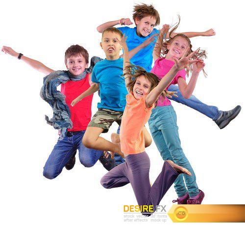 Happy dancing jumping children isolated over white background 9X JPEG