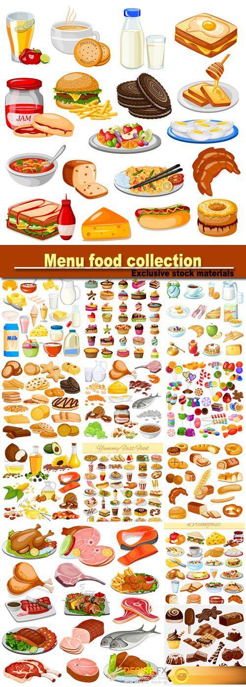 Breakfast menu food collection, candy, dairy product, meat product