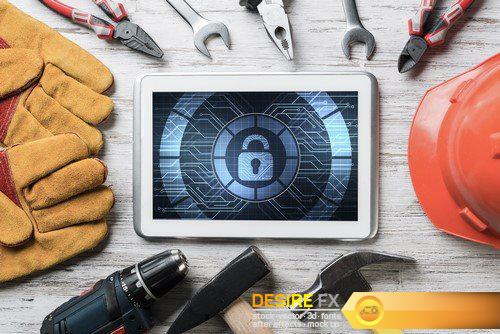 Web security and technology concept with tablet pc on wooden tab 9X JPEG