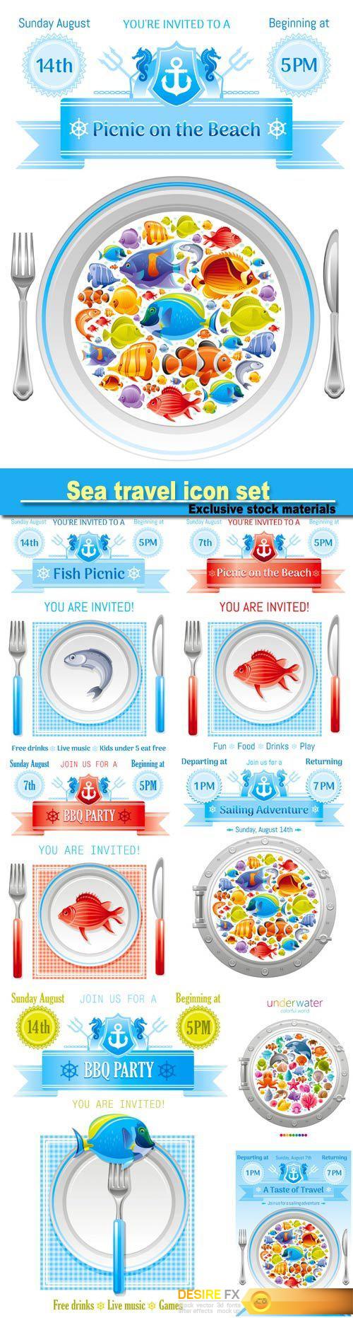 Sea travel icon set with underwater diving animals, dolphin, killer whale, starfish, coral, oyster pearl Sea travel icon set with underwater diving animals, dolphin, killer whale, starfish, coral, oyster pearl