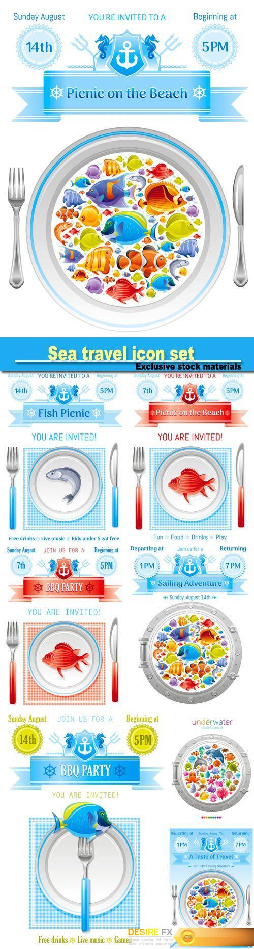 Sea travel icon set with underwater diving animals, dolphin, killer whale, starfish, coral, oyster pearl