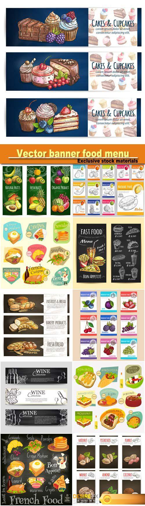 Vector banner food menu, cafe leaflet, pastry shop signboard