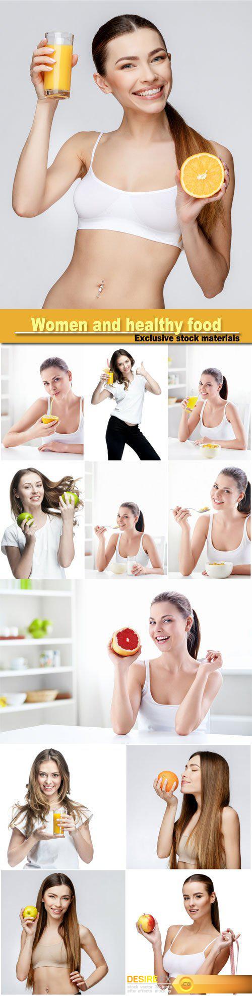 Young women with green apples and orange juice