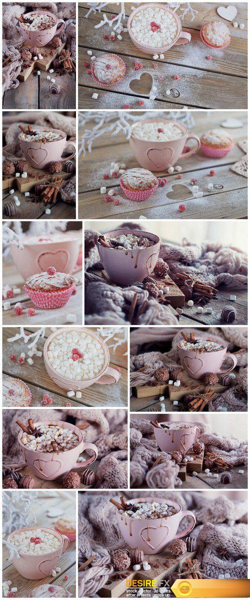 Tasty cupcake with berries and cup of coffee,Christmas or New Year composition 12X JPEG