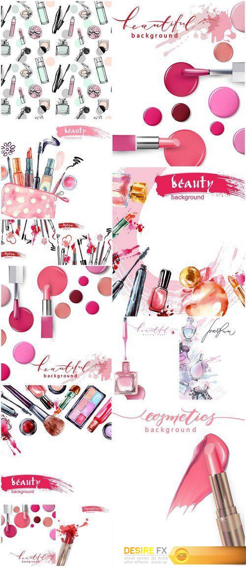 Vector beauty background lipstick, nail, perfumes, mascara 13X EPS