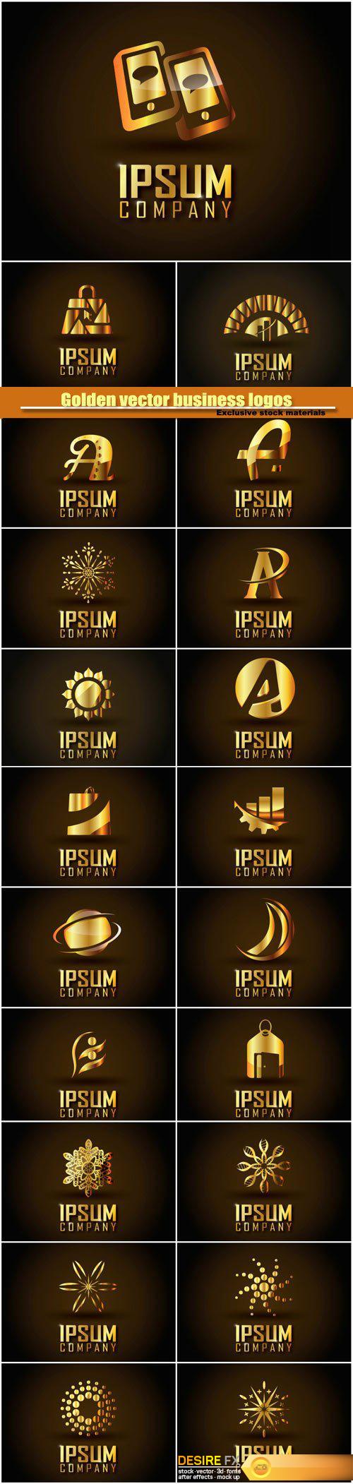 Golden vector business logos on a dark background