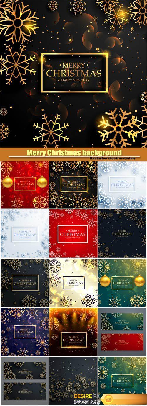 Vector Merry Christmas background with golden snowflakes and light effect
