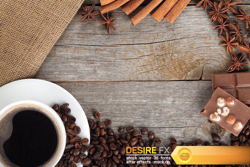 Coffee cup with spices and chocolate on wooden table texture 13X JPEG